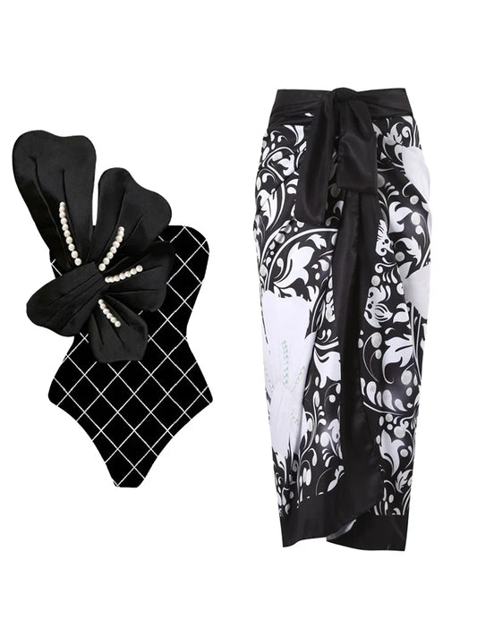 Pearl Floral Black Print Swimsuit Set