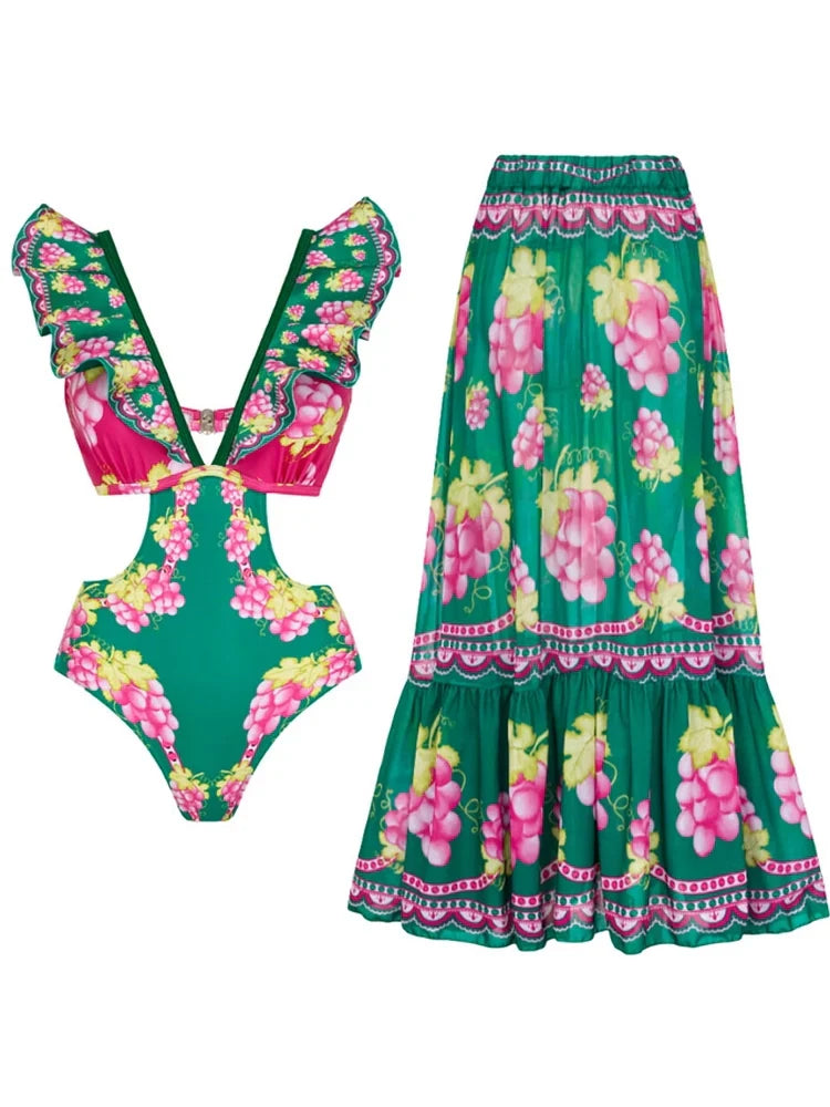 Ruffled Cutout One-Piece Maxi Skirt Set