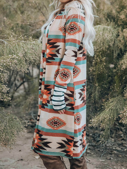 Multicolor Geometric Color Block Long Cardigan