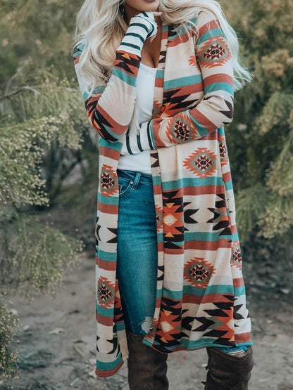 Multicolor Geometric Color Block Long Cardigan