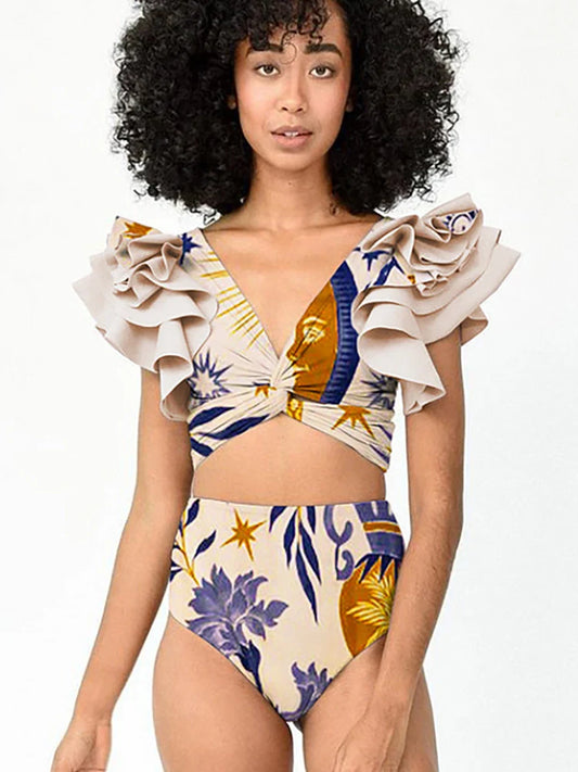Ruffled Ethnic Print Bikini Set for Women