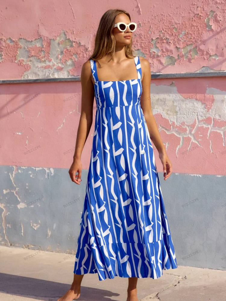 Vacation-Style French Floral Print Maxi Dress
