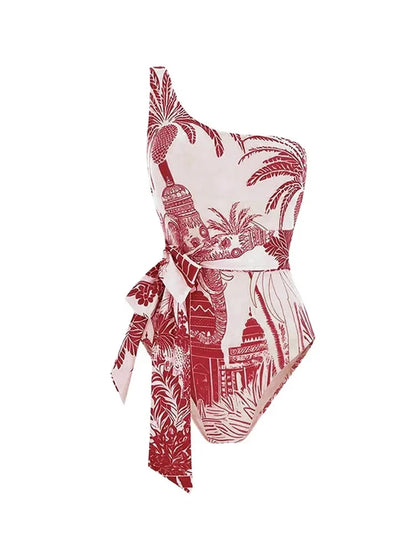 One-Shoulder Palm Print Swimsuit Set