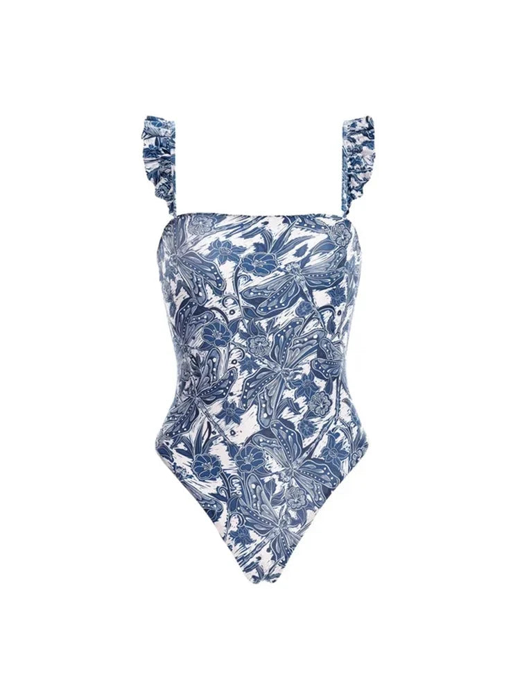 Blue Dragonfly Ruffle One-Piece Swimsuit