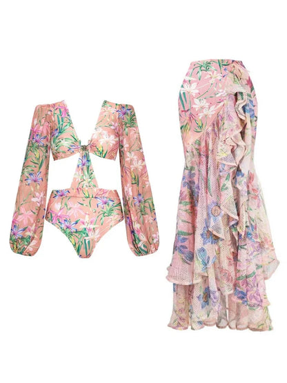 Mesh Patchwork Printed Long Sleeve Swimsuit