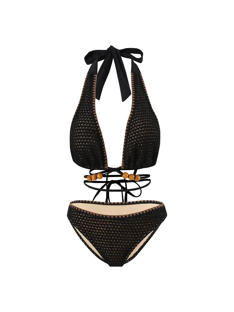 Beaded Knit Tie-String Black Bikini Set