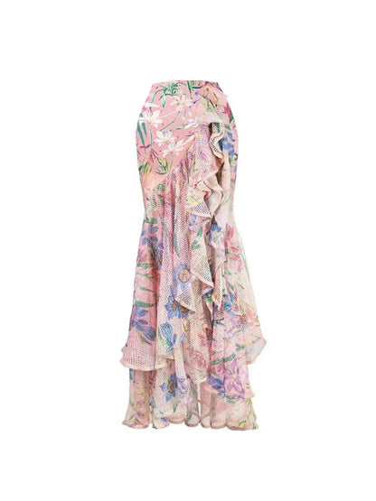 Mesh Patchwork Printed Long Sleeve Swimsuit