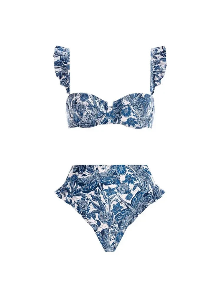 Blue Dragonfly Print Ruffle Bikini Set