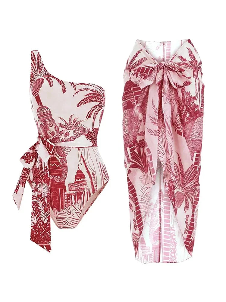 One-Shoulder Palm Print Swimsuit Set